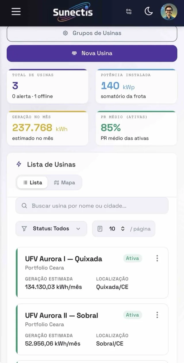 Lista de usinas no portal Sunectis pelo celular: total de usinas, potencia instalada, geracao do mes e PR medio.