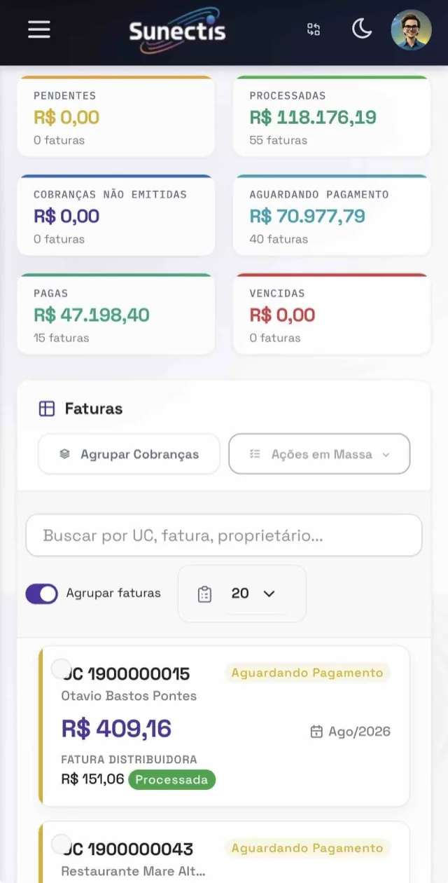 Faturas no portal Sunectis pelo celular: pendentes, processadas, aguardando pagamento e a lista de faturas por UC.
