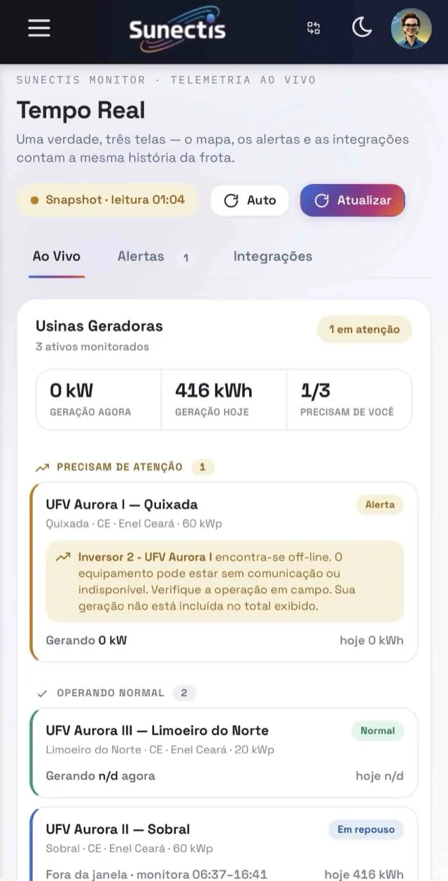 Tempo real no portal Sunectis pelo celular: geracao agora, geracao de hoje e as usinas que precisam de atencao.