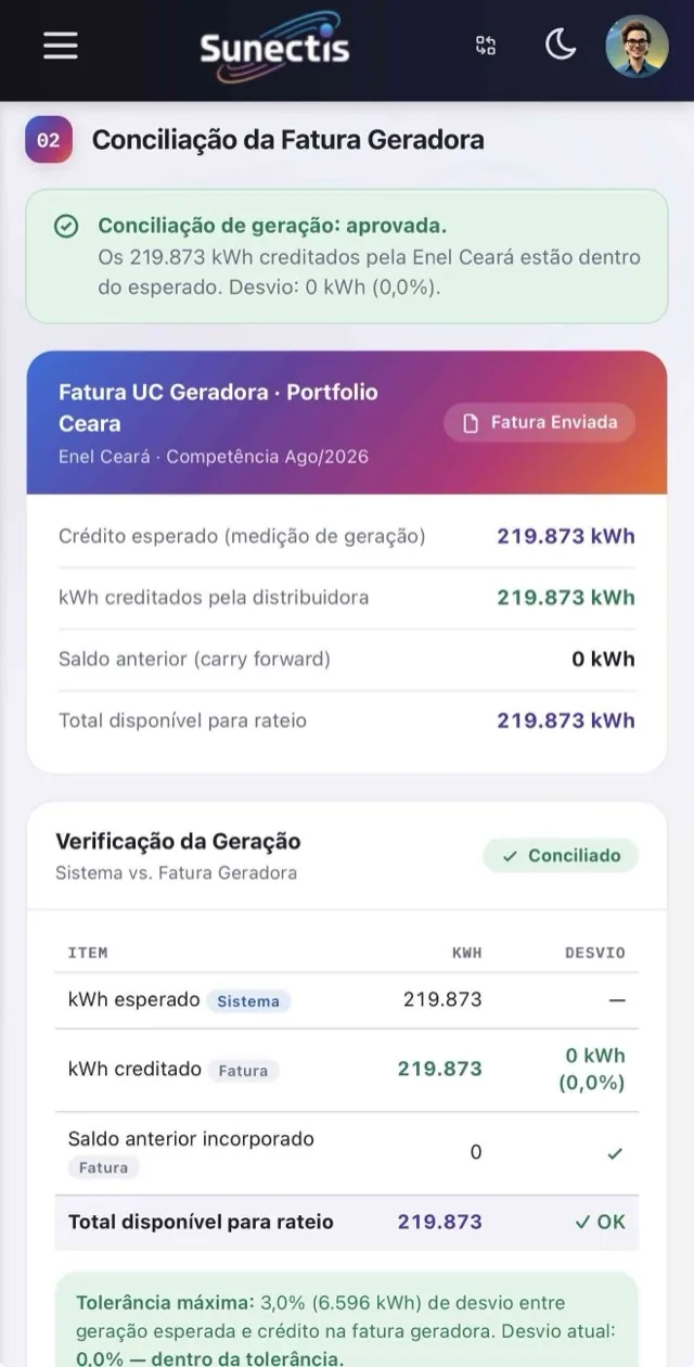 Conciliacao da fatura geradora no portal Sunectis pelo celular: credito esperado contra creditado e verificacao da geracao.