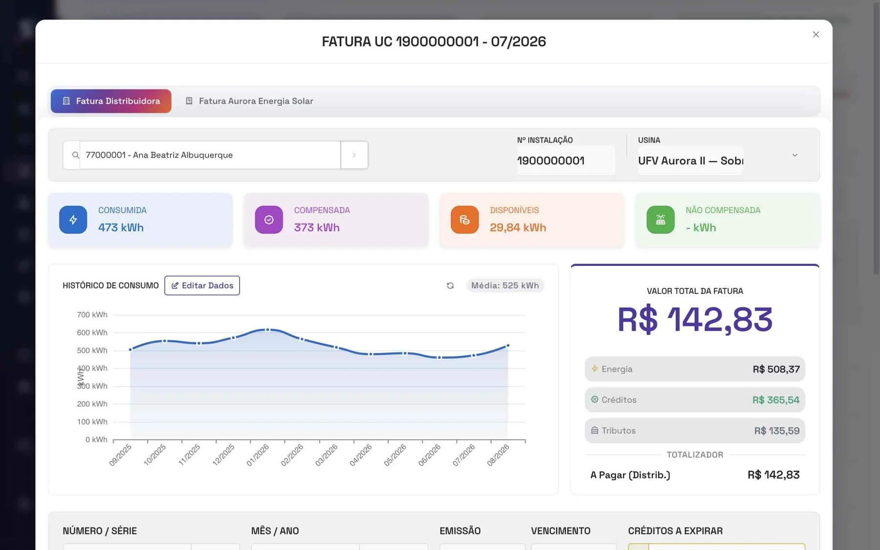 Fatura de uma unidade consumidora no portal Sunectis: energia consumida, compensada e creditos disponiveis, historico de consumo e valor total da fatura.