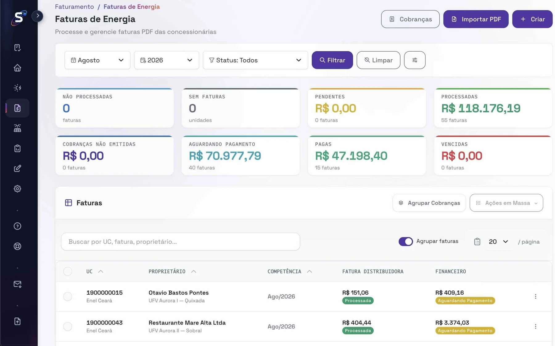Lista de faturas de energia no portal Sunectis: cartoes de processadas, pendentes e aguardando pagamento, e tabela de faturas por unidade consumidora.